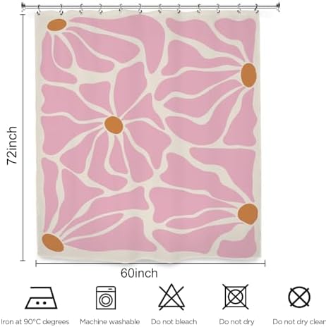 Matisse Flower Shower Curtain 60Wx72L Inch Abstract Retro Aesthetic Minimalist Vintage Art 70s Modern Pink Bathroom Set Accessories Decor with 12 Pack Hooks