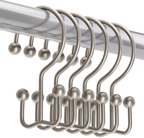 Titanker Shower Curtain Hooks Rings, Rust Resistant Metal Minimalist Simple Double Glide Shower Hooks Rings for Bathroom Shower Rods Curtains, Set of 12 Hooks - Matte Nickel