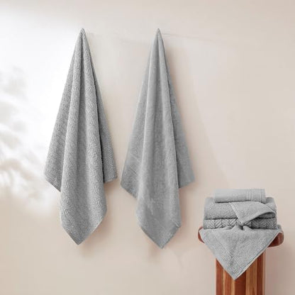 Modern Threads Otis 6-Piece 100% Cotton Towel Set – Zero Twist Jacquard Chevron – Includes 2 Bath Towels, 2 Hand Towels, 2 Washcloths – Absorbent, Quick Dry, Soft & Durable – Gray