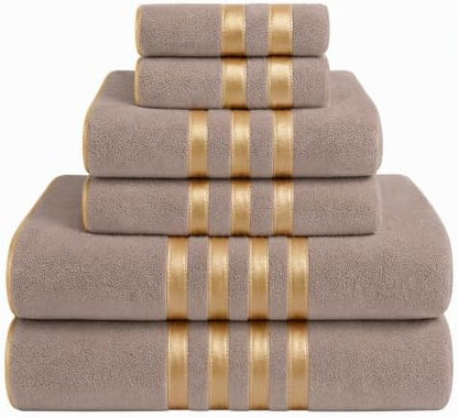 6-PCS Coral Fleece Microfiber Towel Set with Gold Stripes, Super Absorbent, Multiple Colors Available for Home, Bathroom, Hotel & Gym (6, Coffee Color)