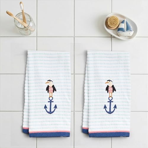 Ritz 2-Piece Cotton Velour Bathroom Hand Towel Set, Embroidered Anchor Seagull, Blue Pinstripe Coastal Towels for Lake House, Beach, Nautical Decor, 16” x 26”
