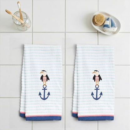Ritz 2-Piece Cotton Velour Bathroom Hand Towel Set, Embroidered Anchor Seagull, Blue Pinstripe Coastal Towels for Lake House, Beach, Nautical Decor, 16” x 26”