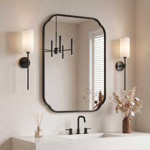 24"x18" Black Scalloped Mirror for Bathroom, Rust-Proof Metal Frame