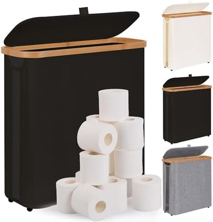Toilet Paper Storage Basket with Lid - The Ultimate Bathroom Organizer, Free Standing Toilet Paper Holder for Up to 12 Mega Rolls, Toilet Tissue Storage Bin with Handle for RV Closet, Black