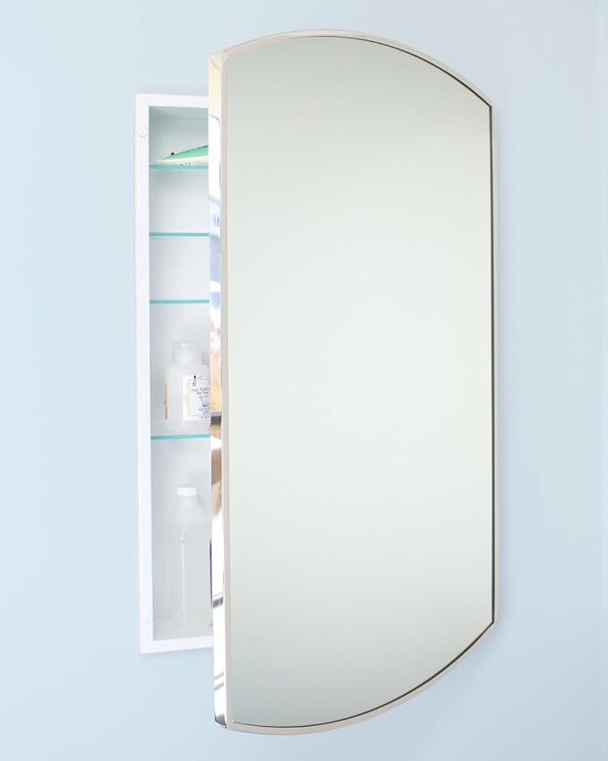 Fox Hollow Furnishings 20x30 Harper Crescent Metal Framed Rectangle Recessed Bathroom Medicine Cabinet, Arced Mirror, 14x18 in-Wall Opening, Adjustable Glass Shelves, Magnet Close, Chrome