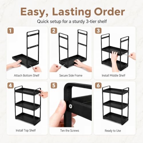 LEMIKKLE Bathroom Counter Organizer with Basket, Bathroom Organizers and Storage,Skincare Organizers for Vanity,Storage Organizers for Bathroom, Kitchen, Dresser (3-Tier Black Wood Rack)
