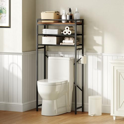 MAHANCRIS Over Toilet Storage, 3-Tier Bathroom Organizer Shelf with Toilet Paper Holder, Freestanding Space Saver Bathroom Shelves Above Toilet for Bathroom, Laundry Room, Rustic Brown TSHR1201