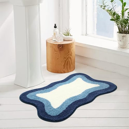 HAOCOO Bathroom Rugs 18x25 inch, Extra Soft Non Slip Blue Irregular Shape Bath Rugs, Microfiber Absorbent Washable Small Rug Bath Mats for Bathroom Floor Door Mat Tub Shower