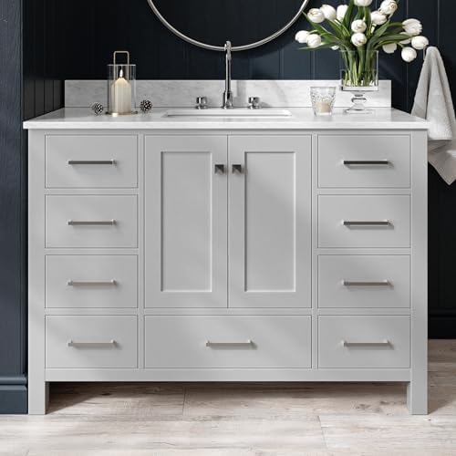 ARIEL Cambridge 48-inch Bathroom Vanity with Sink,Solid Wood, 0.75-inch Italian Carrara Marble Countertop, Single Rectangular Porcelain Sink, 2 Soft Closing Doors, 9 Dovetail Drawers, Grey