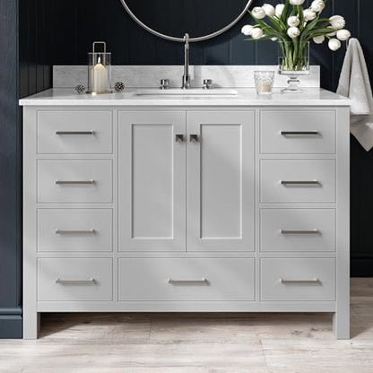 ARIEL Cambridge 48-inch Bathroom Vanity with Sink,Solid Wood, 0.75-inch Italian Carrara Marble Countertop, Single Rectangular Porcelain Sink, 2 Soft Closing Doors, 9 Dovetail Drawers, Grey