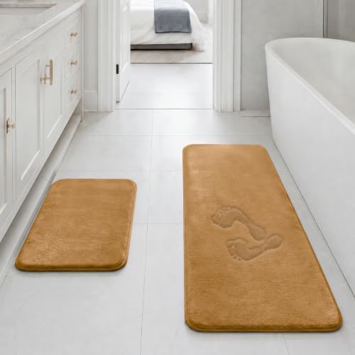 HUXMEYSON Bathroom Rugs Sets 2 Piece, Non-Slip & Quick Dry Bath Mat Set, Ultra Soft Velvet Bath Rugs for Bathroom, Toilet and Shower Floor, Khaki