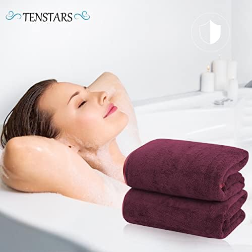 TENSTARS Silk Hemming Bath Towels for Bathroom Clearance - 27 x 55 inches - Light Thin Quick Drying - Soft Microfiber Absorbent Towel for Bath Fitness, Sports, Yoga, Travel, Gym - 2 Pack, Burgundy