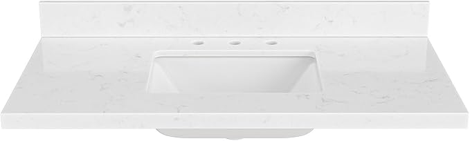 ARIEL 42 inch Bathroom Vanity top with Sink, 1.5 Inch Thick Miter Edge Carrara White Quartz top, Rectangle Single Porcelain Sink, Includes Backsplash