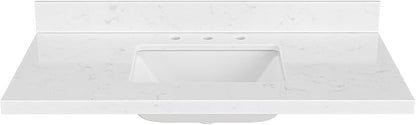 ARIEL 42 inch Bathroom Vanity top with Sink, 1.5 Inch Thick Miter Edge Carrara White Quartz top, Rectangle Single Porcelain Sink, Includes Backsplash