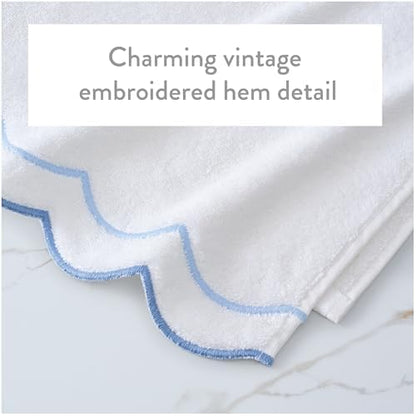 Peri Home 2 Piece Cotton Bath Towel Set, Embroidered, White, Blue Scallop