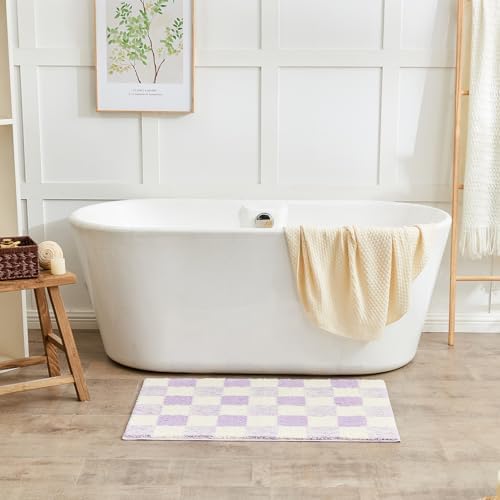 CozeCube Lavender Checkered Bath Mat 24"x16" Non Slip Washable Rug