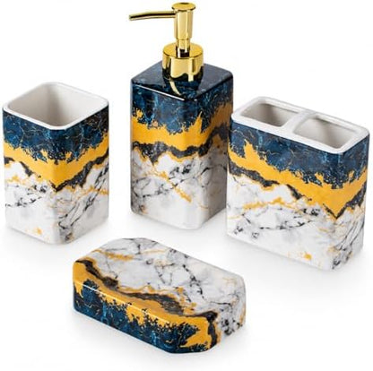 4 Piece Bathroom Accessories Set - Blue Bathroom Accessory Sets Includes Lotion Dispenser, Toothbrush Holder Tumbler, and Soap Dish - Glossy Finish (Marble, Blue)