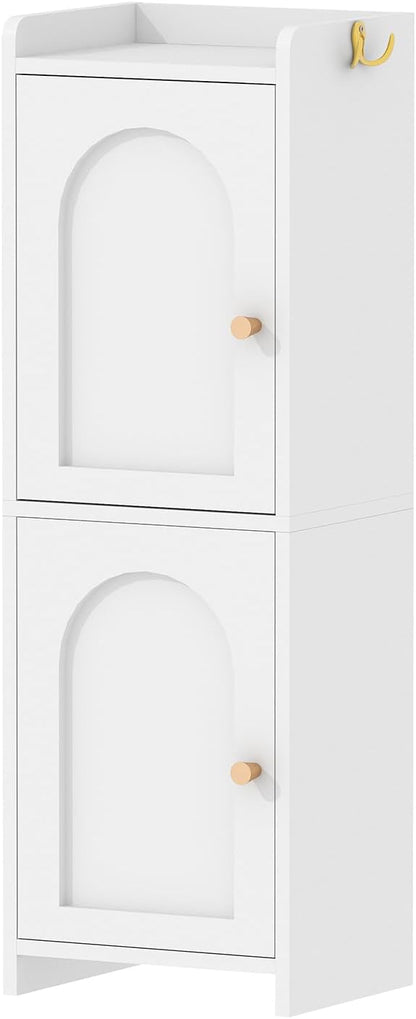 Small Bathroom Storage Cabinet,Corner Floor Cabinet with 2 Doors and Adjustable Shelf, Narrow Toilet Paper Cabinets with 2Hooks,Toilet Organizer for Small Spaces，7.87"D*9.84"W*29.72"H(White)
