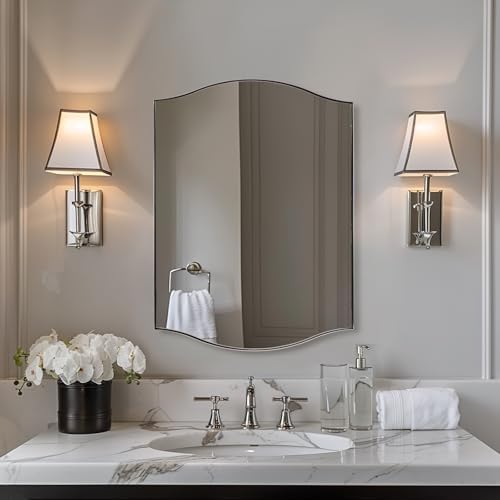 ANDY STAR Polished Chrome Bathroom Mirror, 22"x30" Scalloped Wall Mirror in Stainless Steel Metal Frame, Unique Vanity Mirror with Modern Curved Edge Design, Ideal for Bathroom, Bedroom, Entryway