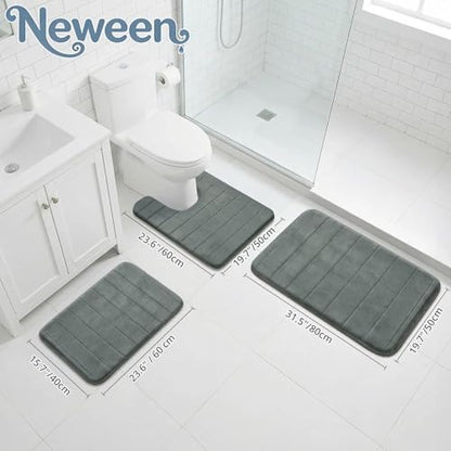 Neween Bathroom Rugs Set 3 Piece, Absorbent Memory Foam Bath Mat, Dark Grey