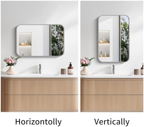 FORBATH Bathroom Mirror for Over Sink 16x24 Inch Silver, Rectanglar Wall Mirror with Metal Frame, Rounded Corners for Bathroom, Bedroom, Entryway Decor (Horizontal or Vertical)