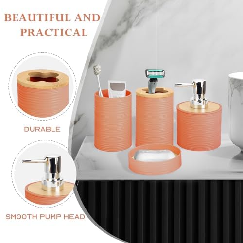 RRM 4 Piece Bamboo Bathroom Accessories Set, Boho Bathroom Decor, Orange