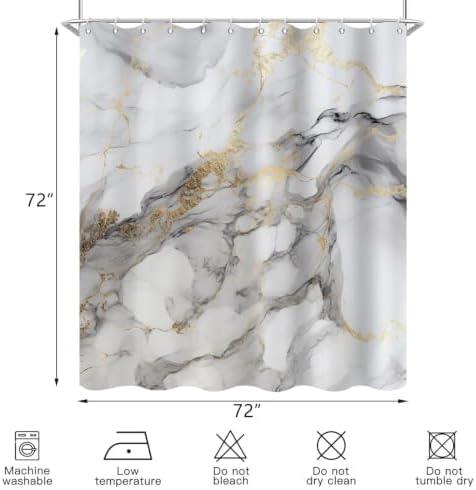 Grey Marble Shower Curtain Modern Abstract Luxury Gold Ink Texture Gray Ombre Watercolor Bathroom Curtain Set with Hooks Soft and Lightweight Waterproof Fabric Machine Washable 66" WX72 L
