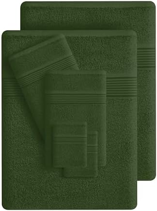 Belizzi Home 100% Cotton Towel Set, Contains 6 Soft Bath Towel, 6 Hand Towels, 12 Wash Cloths - Compact Absorbent Lightweight & Quickdry Towels for Bathroom - 24 Piece Bathroom Towel Set - Olive Green