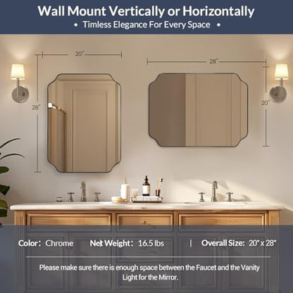 MIRRORART 20 x 28 Scalloped Chrome Mirror for Bathroom, Polished Silver Rectangle Wall Mirror Rounded Notched Corner, Rustproof Metal Frame Vanity Mirror for Bathroom Remodel, Vertical/Horizontal