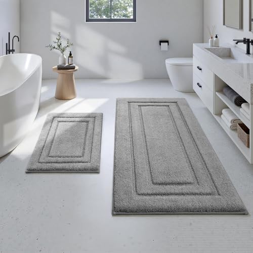 HOMEIDEAS Bathroom Rugs Sets 2 Piece, Soft Extra Long Bath Mat Grey