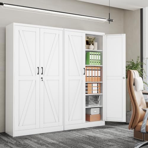 74" Metal Garage Storage Locker Cabinet with Wheels,Rolling White Farmhouse Kitchen Pantry Cabinet with 2 Doors and 5 Adjustable Shelves, Steel File Tool Cabinet for Home Office Warehouse