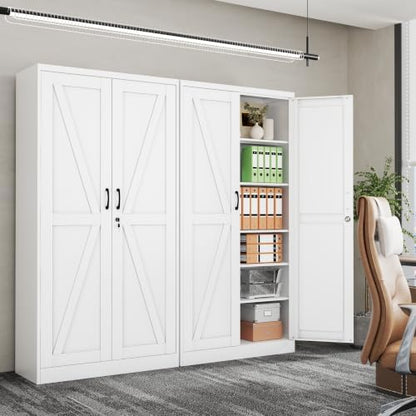 74" Metal Garage Storage Locker Cabinet with Wheels,Rolling White Farmhouse Kitchen Pantry Cabinet with 2 Doors and 5 Adjustable Shelves, Steel File Tool Cabinet for Home Office Warehouse
