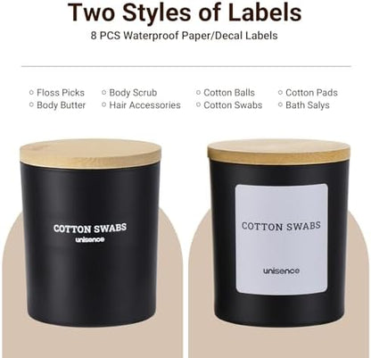 2 Pack Glass Qtip Holder Dispenser Set - Q Tip Holder for Bathroom Canister Qtip Dispenser with Lid for Cotton Balls, Swabs, Floss Picks, and Makeup Sponges ,Black,Large Capacity