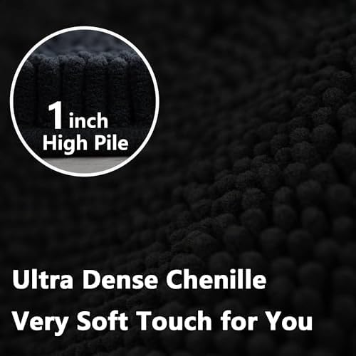 Bathroom Rugs Chenille, Extra Thick and Absorbent, Non-Slip, Machine Washable, Dry Quckily, Soft Cozy Plush, Used Under Shower Bathtub and Sink, Bath mat Sets Black
