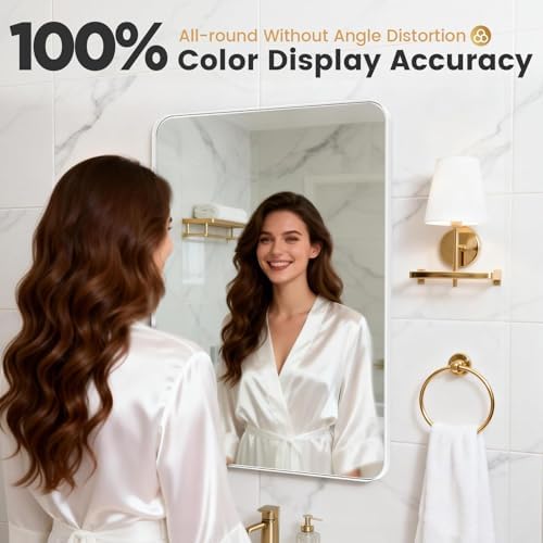 Frosted White Wall-Mounted Bathroom Mirror, 18x30-inch Metal-Frame Vanity Mirror, Rounded-Corner Rectangular Wall Mirror, Bathroom Mirror for Above Sink, Can Be Hung Horizontally or Vertically