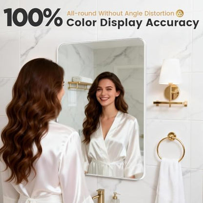 Frosted White Wall-Mounted Bathroom Mirror, 18x30-inch Metal-Frame Vanity Mirror, Rounded-Corner Rectangular Wall Mirror, Bathroom Mirror for Above Sink, Can Be Hung Horizontally or Vertically