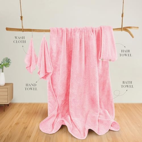 MaopaoBeauty Pink Towels 4 Piece Pink Towel Set, 35x70 in Extra Large Bath Towel Hand Towels Hair Towels Washcloths - Highly Absorbent Quick Dry, Soft Towel Set for Bathroom, Pack of 4