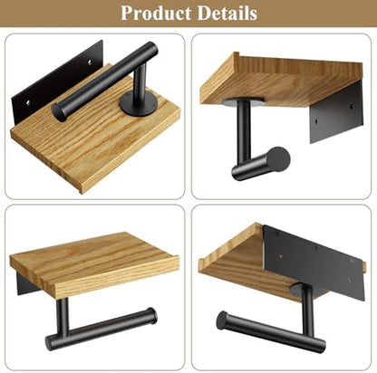 Tindbea Toilet Paper Holder with Wood Shelf, Wooden Wall Mount Tissue Roll Holder, Matte Black Stainless Steel Bathroom Accessories Decor for Household Home Apartment Restroom Essential (Red Oak)