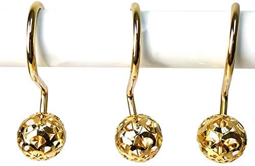 Chictie Gold Shower Curtain Hooks Rings,Set of 12 Brass Decorative Bling Metal Rustproof Shower Hangers Rings for Bathroom Curtains Rods Hollow Ball Design