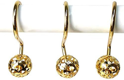 Chictie Gold Shower Curtain Hooks Rings,Set of 12 Brass Decorative Bling Metal Rustproof Shower Hangers Rings for Bathroom Curtains Rods Hollow Ball Design