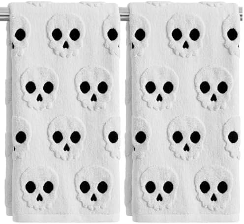 2 Pack Halloween Hand Towels 100% Cotton Jacquard Skeleton Halloween Kitchen Towels White Bathroom Towels Set Seasonal Bathroom Decor(White Skeleton, Halloween)