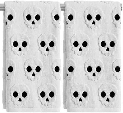 2 Pack Halloween Hand Towels 100% Cotton Jacquard Skeleton Halloween Kitchen Towels White Bathroom Towels Set Seasonal Bathroom Decor(White Skeleton, Halloween)