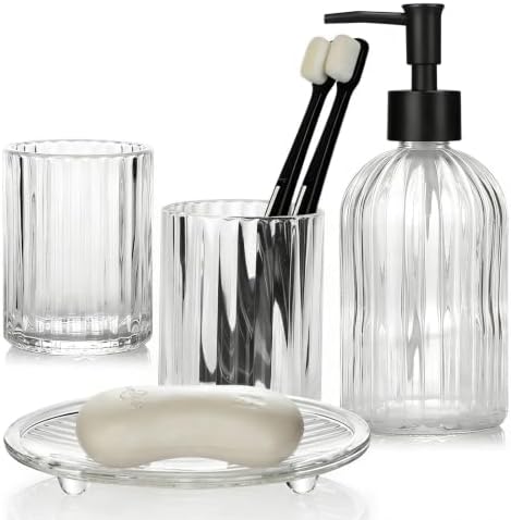 Glass Bathroom Accessories Set, 4Pcs Bathroom Accessories Sets Complete Lotion Soap Dispenser, Toothbrush Holder, Mouthwash Cup, Soap Dish for Bath Decor, Countertop Vanity Organizer (Clear)