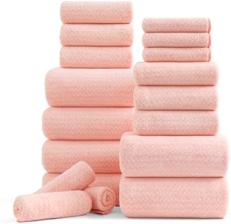 Ycosy 18 Piece Bath Towels Set,100% Microfiber Family Bathroom Towel with Hanging Loops-6 Bath Towels,6 Hand Towels,6 Washcloths,Quick Dry Highly Absorbent Shower Towel for Bathroom,Hotel,Spa-Pink