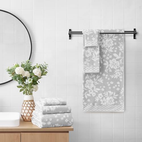 Lucky Brand Folk Floral 6 Piece Bath Towel Set - (2) Bath Towels, (2) Hand Towels, and (2) Washcloths - Glacier Grey Premium Bathroom Towel Set