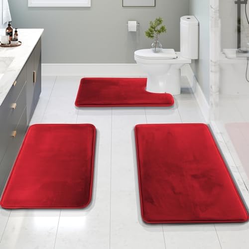 Clara Clark 3 Piece Bathroom Rugs Bath Mat Set, Velvet Memory Foam Bath Mats for Bathroom - Non-Slip, PVC Backing Bath Rugs, Washable - Dries Quickly, Burgundy