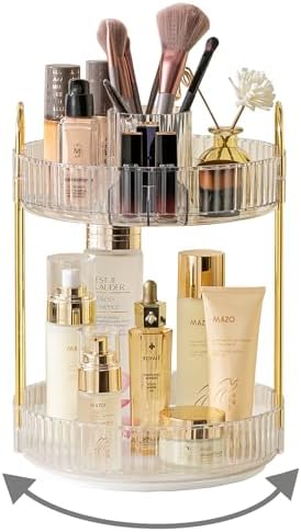 Asayuee 360 Rotating Makeup Organizer,2 Tier Large Capacity Make Up Organizers and Storage,Skincare Perfume Vanity Organizers,Bathroom Cosmetics Storage Organizer Countertop(Clear)