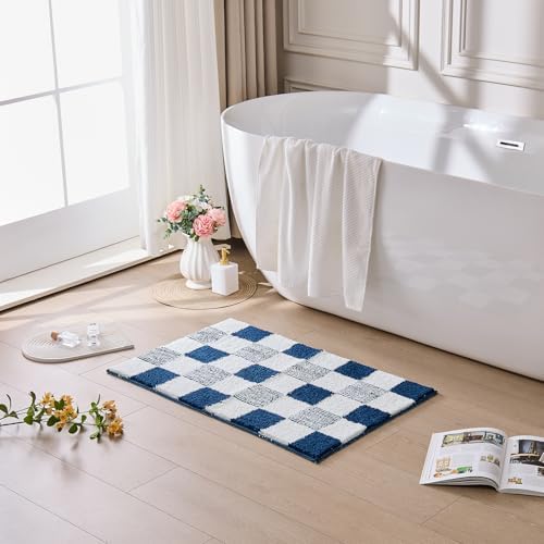 CozeCube Navy Blue Checkered Bath Mat 36"x24" Non Slip Washable Rug