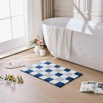 CozeCube Navy Blue Checkered Bath Mat 36"x24" Non Slip Washable Rug