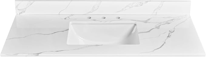 48 in. W x 22 in D Quartz Vanity Top in Calacatta Rocky, Vanity Sink Top with Assembled Single Drop-in Sink, Pre-Drilled Widespread Faucet Holes Countertop with 4" H Backsplash